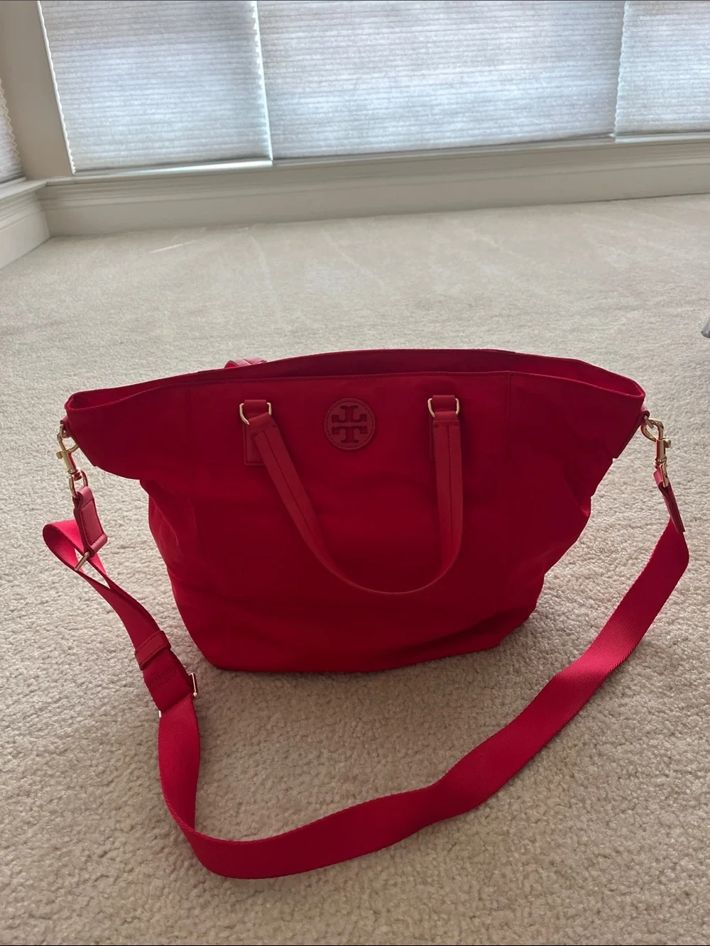Tory Burch Bright Red Nylon Tote with Detachable Strap